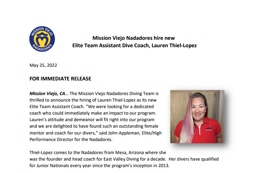 Mission Viejo Nadadores hire new Elite Team Assistant Dive Coach, Lauren Thiel-Lopez